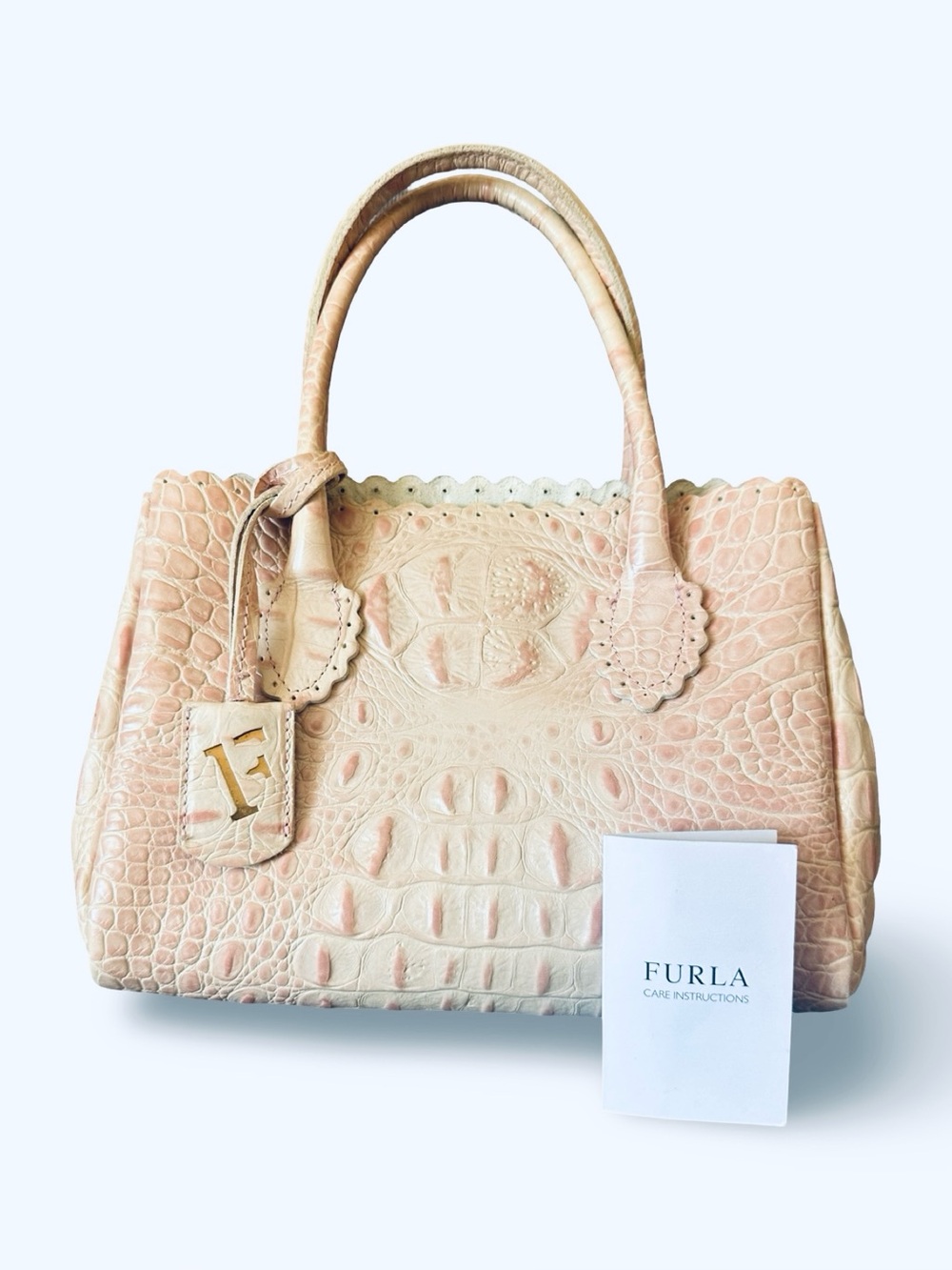 Rare Furla Pink Crocodile Embossed Leather Medium Tote Bag Scalloped 9.5x7.5x4